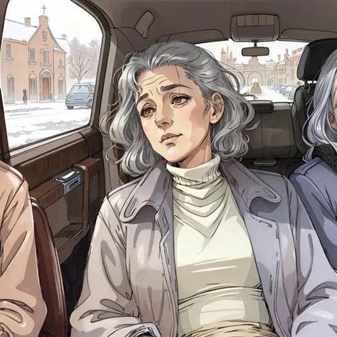 illustration by Milo Manara, two [thin | skinny] ((old)) women wearing puffy jackets, sitting in the back seat of a car, looking at viewer, gray hair, grey hair, wrinkled faces, [sad expressions | thoughtful expressions], gaunt, bony, ancient