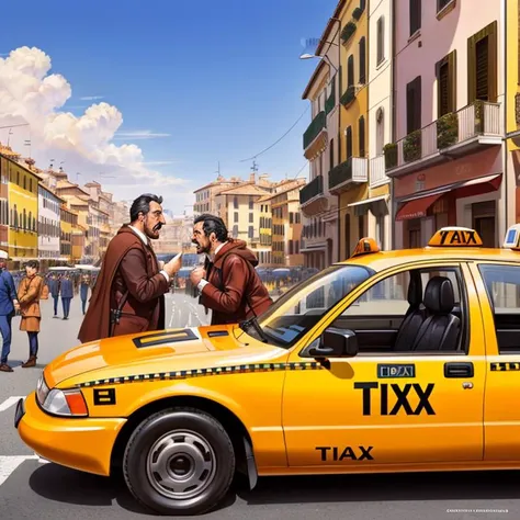 illustration of (two) Italian (men) furiously arguing in front of a (taxi) by Olivia De Berardinis, 8k, masterpiece, high resolution,