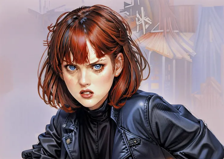 illustration by Milo Manara  [molly ringwald | winona ryder]  blue eyes <lora:MollyR:0.4> <lora:Winona_Ryder:0.4>  with medium straight red hair and bangs, ((angry)) <lora:last:0.6>, wearing a black biker_jacket <lora:biker_jacket0:0.1> black leggings and shirt, best quality, masterpiece,  <lora:sliced_bob-2.0:0.4>, 1girl, modern loft apartment background
