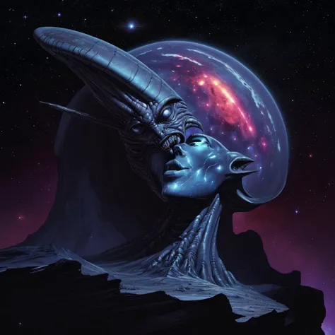 a [spaceship | alien] make out of [flesh | metal | rock], orbiting a planet, deep space in the background, stars, nebula, moons,