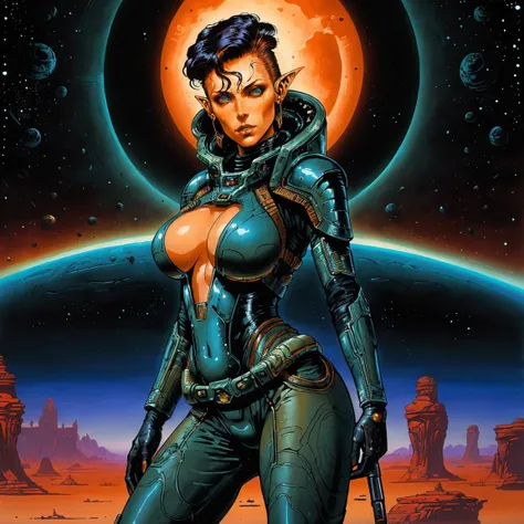 sci-fi artwork, medium closeup painting of a (futuristic space [Elf|Woman] with short military style hair and pale skin), perfect face, eye focus, wearing tactical leather harness, , [wide ], big , standing on a desert planet, orange rocks, two suns, oil on board, highly detailed,  (by Philippe Druillet and Simon Bisley:1.1)