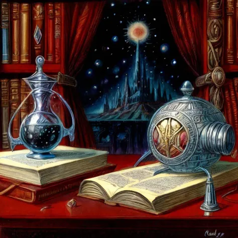 ((best quality)), ((masterpiece)), (detailed), still life, ancient books, bubbling potions, magical artifacts, detailed textures, by Kelly Freas