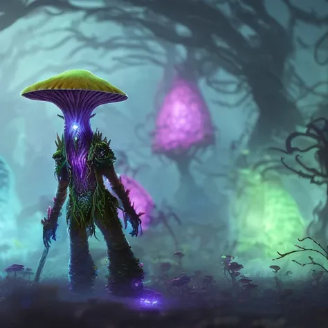 (myconid person) alien monster, bio-luminescent, glowing nodes, (spores), zombie, creature design, concept art, 8k, 4k, (highres:1.1), best quality, (masterpiece:1.3), cute