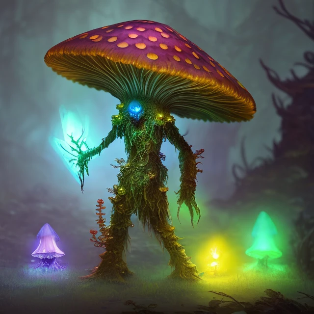(myconid person) alien monster, bio-luminescent, glowing nodes, (spores), zombie, creature design, concept art, 8k, 4k, (highres:1.1), best quality, (masterpiece:1.3), cute