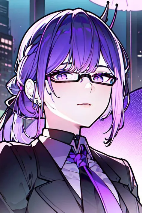 anime girl with purple hair and glasses in a city setting