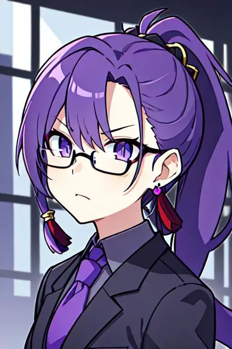 (masterpiece, best quality, perfect face, perfect eyes, detailed face, snake eyes:1.3), woman, snake lady, purple hair, neat hair, ponytail, purple gray eyes, (business suit, black suit, light purple shirt:1.2), purple tie, menacing, glasses, black gloves, (single earring, tassel earring, single tassel, purple tassel:1.2), office, windows, nightscape, night, city lights, skyscrapers, tilted head,