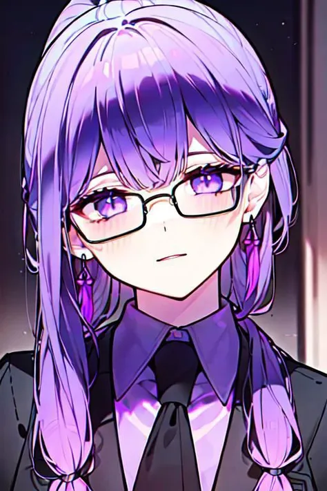 (masterpiece, best quality, perfect face, perfect eyes, detailed face, snake eyes:1.3), woman, snake lady, purple hair, neat hair, ponytail, purple gray eyes, (business suit, black suit, light purple shirt:1.2), purple tie, menacing, glasses, black gloves, (single earring, tassel earring, single tassel, purple tassel:1.2), office, windows, nightscape, night, city lights, skyscrapers, tilted head,