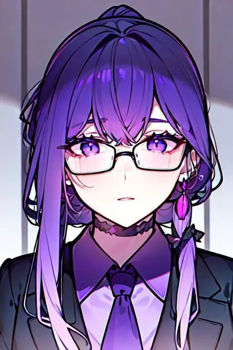 (masterpiece, best quality, perfect face, perfect eyes, detailed face, snake eyes:1.3), woman, snake lady, purple hair, neat hair, ponytail, purple gray eyes, (business suit, black suit, light purple shirt:1.2), purple tie, menacing, glasses, black gloves, (single earring, tassel earring, single tassel, purple tassel:1.2), office, windows, nightscape, night, city lights, skyscrapers, tilted head,