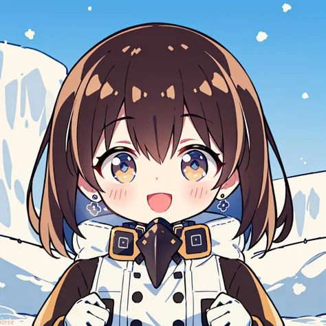 anime girl with brown hair and blue eyes in front of snowy mountains