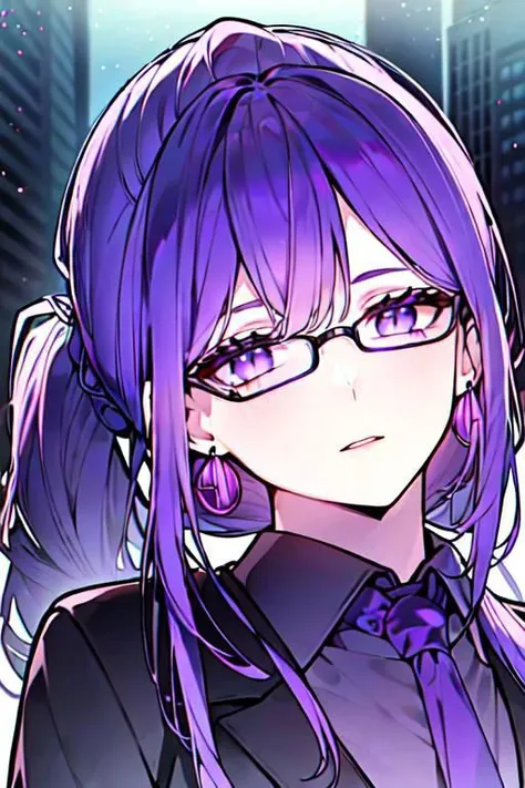 (masterpiece, best quality, perfect face, perfect eyes, detailed face, snake eyes:1.3), woman, snake lady, purple hair, neat hair, ponytail, purple gray eyes, (business suit, black suit, light purple shirt:1.2), purple tie, menacing, glasses, black gloves, (single earring, tassel earring, single tassel, purple tassel:1.2), office, windows, nightscape, night, city lights, skyscrapers, tilted head,