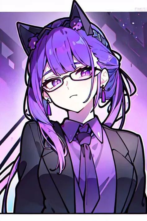 (masterpiece, best quality, perfect face, perfect eyes, detailed face, snake eyes:1.3), woman, snake lady, purple hair, neat hair, ponytail, purple gray eyes, (business suit, black suit, light purple shirt:1.2), purple tie, menacing, glasses, black gloves, (single earring, tassel earring, single tassel, purple tassel:1.2), office, windows, nightscape, night, city lights, skyscrapers, tilted head,