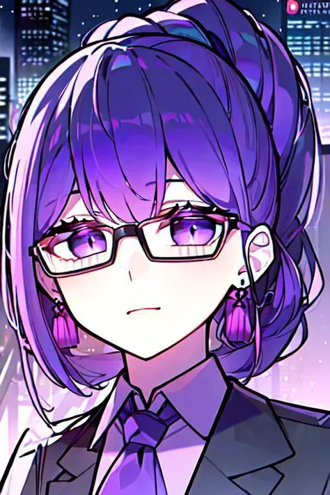 (masterpiece, best quality, perfect face, perfect eyes, detailed face, snake eyes:1.3), woman, snake lady, purple hair, neat hair, ponytail, purple gray eyes, (business suit, black suit, light purple shirt:1.2), purple tie, menacing, glasses, black gloves, (single earring, tassel earring, single tassel, purple tassel:1.2), office, windows, nightscape, night, city lights, skyscrapers, tilted head,