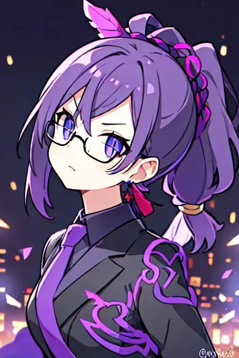 a cartoon girl with glasses and a purple hair and a black jacket