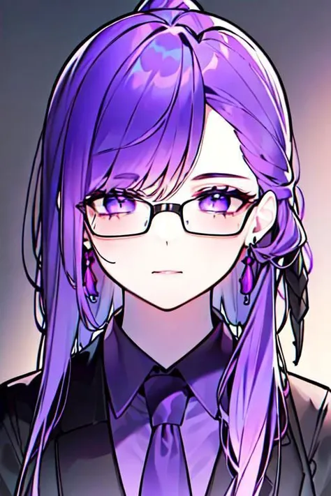 purple haired girl with glasses and a tie and a black shirt