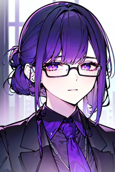 (masterpiece, best quality, perfect face, perfect eyes, detailed face, snake eyes:1.3), woman, snake lady, purple hair, neat hair, ponytail, purple gray eyes, (business suit, black suit, light purple shirt:1.2), purple tie, menacing, glasses, black gloves, (single earring, tassel earring, single tassel, purple tassel:1.2), office, windows, nightscape, night, city lights, skyscrapers, tilted head,