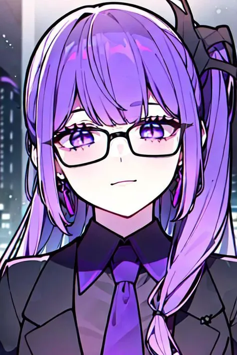 (masterpiece, best quality, perfect face, perfect eyes, detailed face, snake eyes:1.3), woman, snake lady, purple hair, neat hair, ponytail, purple gray eyes, (business suit, black suit, light purple shirt:1.2), purple tie, menacing, glasses, black gloves, (single earring, tassel earring, single tassel, purple tassel:1.2), office, windows, nightscape, night, city lights, skyscrapers, tilted head,