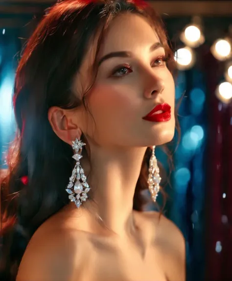 Realistic style, close-up, a beautiful woman with bare shoulders, alluring, beautiful face, wavy long hair, red lips, looking at the camera, (sparkling diamond earrings), necklace, indoor, (backlight), film texture, high-quality, masterpiece, 8K,