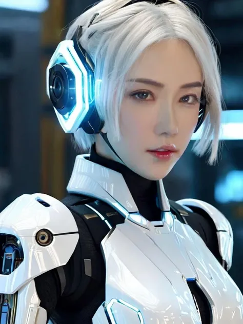 (8k, RAW photo, best quality, masterpiece:1.2),(realistic, photo-realistic:1.4),ultra-detailed,(extremely detailed cg 8k wallpaper:1.2),(crystalstexture skin:1.2),(extremely delicate and beautiful),machinery,Mecha,1girl,solo,short hair,profile,(full body:2),science fiction,closed mouth,white hair,headgear,Technological background,