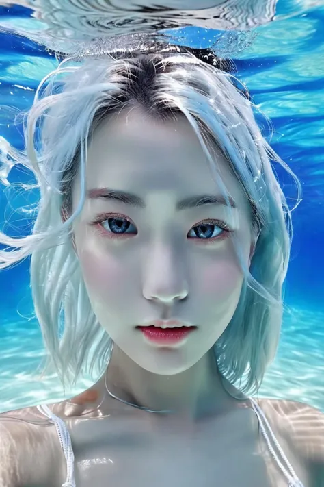 (8k, RAW photo, best quality, masterpiece:1.2),(realistic, photo-realistic:1.4), ultra-detailed, extremely detailed cg 8k wallpaper,(crystalstexture skin:1.2), (extremely delicate and beautiful),detailed skin,1girl,aquatic,underwater,underwater photography,immersed,white shirt,lovely,correct,looking towards the camera,white hair,upper body,(facing the camera directly:1.5),(light blue seawater:1.4),