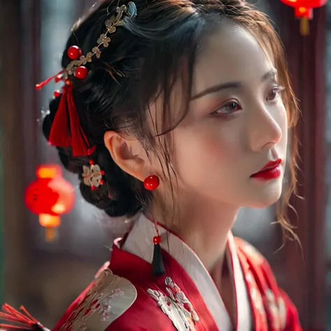 Realistic style, close-up, a beautiful woman wearing a Hanfu, with a slightly melancholic face, a red dot on the forehead, exquisite hair accessories, exquisite patterns, indoor, side lighting, film texture, high-quality, masterpiece, 8K