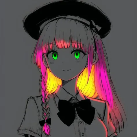 <lora:glowart_v2:1.0>, (glowart:1.0), (glowing, sketch, drawing:1.0), 1girl, bangs, beret, black bow, black neckwear, black ribbon, blush, bow, braid, breasts, dated, eyebrows visible through hair, fighting stance, frilled shirt collar, frills, green eyes, green headwear, grey background, hair bow, hat, long hair, looking at viewer, medium breasts, neck ribbon, puffy short sleeves, puffy sleeves, redhead, ribbon, shirt, short sleeves, simple background, smile, solo, star, twin braids, upper body, v-shaped eyebrows, white shirt, >:\)