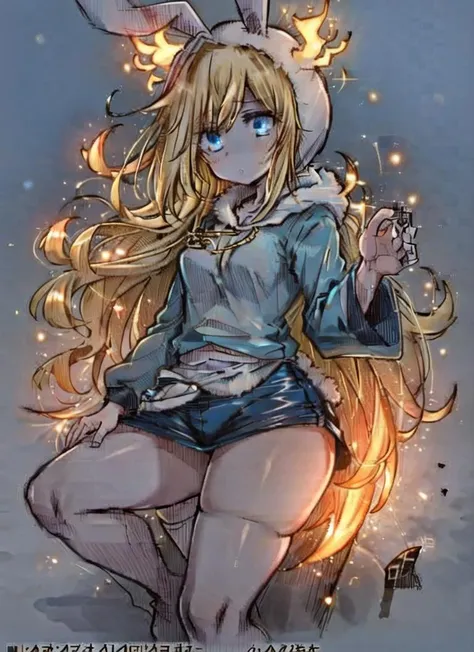 ((best quality)), ((highly detailed)), masterpiece, ((official art)), (detailed eyes, deep eyes), (1girl), <lora:fionnaTheHuman_v10:.45>, Fionnawaifu, long hair, blonde hair, blue eyes, thick thighs, animal hood, fake bunny ears, <lora:glowingArt_v10:1>, glowart:1, glowing, sketch, drawing, sparks