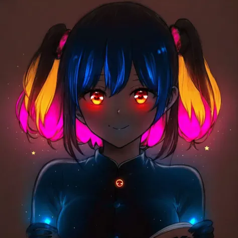 <lora:glowart_v2:1.0>, (glowart:1.0), (glowing, sketch, drawing:1.0),  4girls, announ \(kurotya\), aqua eyes, arms up, black gloves, black hair, black headwear, blush, book, breasts, brown hair, chinese clothes, closed mouth, dark-skinned female, dark blue hair, dark skin, eyes visible through hair, fingerless gloves, fire, gloves, hair rings, hands up, hat, highres, holding, holding book, jewelry, long hair, looking at viewer, multiple girls, one eye closed, open mouth, pink hair, red eyes, red headwear, ring, short hair, small breasts, smile, star-shaped pupils, star \(symbol\), symbol-shaped pupils, twintails, yellow eyes