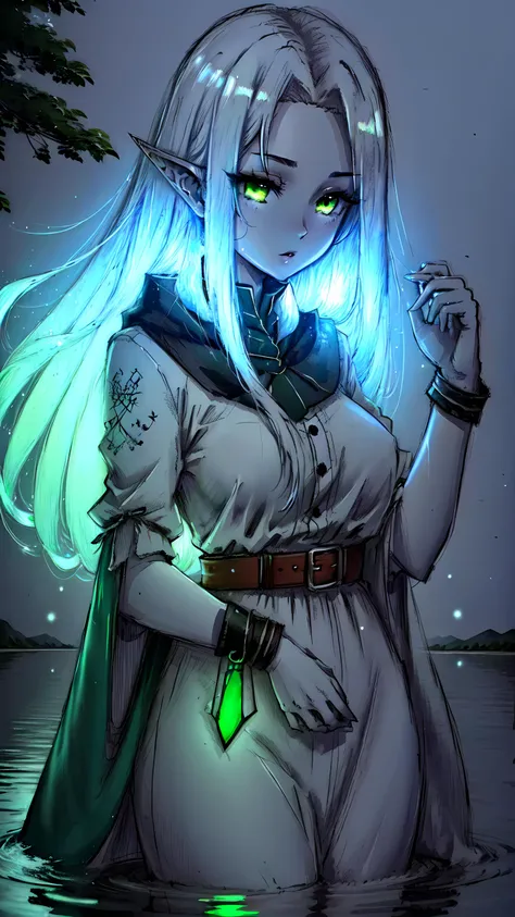 1girl, elf, pointy ears, long hair, white hair. glowing greem on hair, glowing green eyes, white dress, on a lake, glowart, <lora:glowart_v2:1>