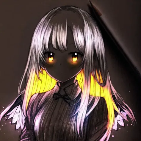 <lora:glowart_v2:1.0>, (glowart:1.0), (glowing, sketch, drawing:1.0), 1girl, brown eyes, dress, long hair, silver hair, wings, wink