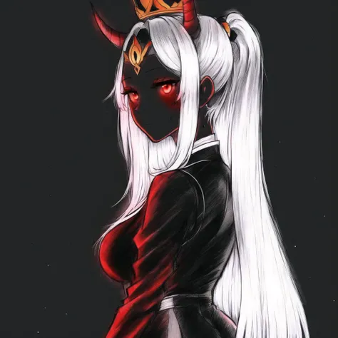 <lora:glowart_v2:1.0>, (glowart:1.0), (glowing, sketch, drawing:1.0), 1girl, arm strap, black dress, breasts, closed mouth, dress, from side, full body, hands on own knees, high heels, high ponytail, highres, horns, limbus's character, long hair, looking at viewer, mole, mole under eye, ponytail, red eyes, second-party source, shadow, short dress, sideboob, simple background, single sidelock, sketch, solo, squatting, tattoo, tiara, very long hair, white background, white hair