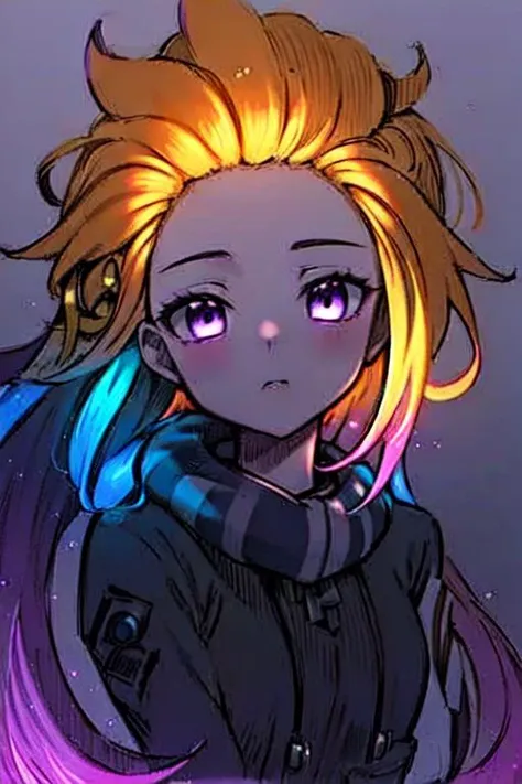 glowart, ((masterpiece)), best quality, (ultra-detailed:1.2), ((illustration)),
 (disheveled hair),[orange hair:purple buttom hair:0.8],forehead,zoe,long hair,multicolored hair,(colored inner hair:1.1),(gradient hair:1.1), blue and purple  eyes,