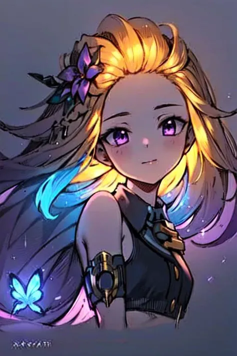 1girl, bathing in stream, partially immersed, from side, upper body, nsfw, white silk,the collar slipped onto the arm,bare shoulders, beautiful detailed face, Age:21, long hair, medium breasts,beautiful detailed eyes, hair flower, water on skin, shy,soft smile, butterfly, grass, waterfall, dawn, (highly detailed), (realistic), bright, deep shadows, dynamic light,glowart, ((masterpiece)), best quality, (ultra-detailed:1.2), ((illustration)),
 (disheveled hair),[orange hair:purple buttom hair:0.8],forehead,zoe,long hair,multicolored hair,(colored inner hair:1.1),(gradient hair:1.1), blue and purple  eyes,