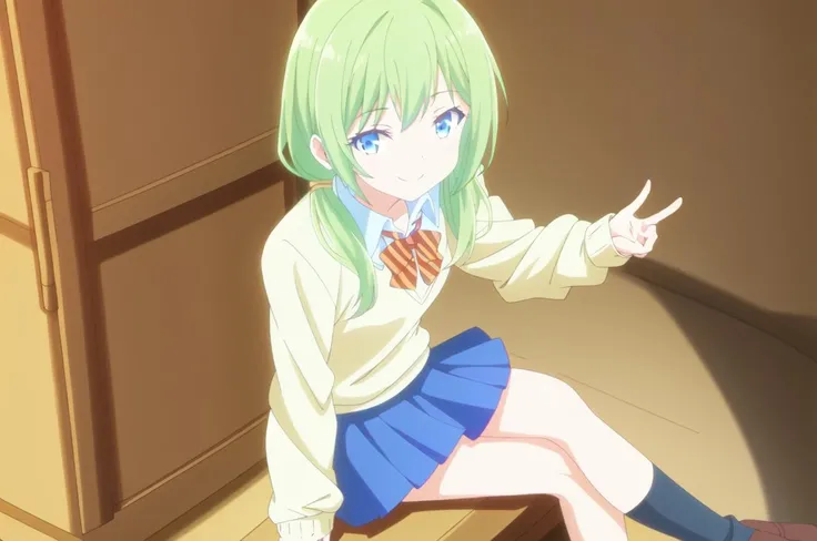<lora:HNTSADL_Babylon_by_minion_V1:0.61> babylon, <lora:test004_1:1>, green hair, yellow sweater, long sleeves, collared shirt, miniskirt, blue skirt, pleated skirt, blue socks, bowtie, twintails, low twintails, hair over shoulder,reclining, stretching legs, pretty legs, legs crossed, looking at viewer, smile, 1girl, solo, high contrast, sharp focus, masterpiece, best quality, highly detailed, HDR, highest quality, highres, sharp focus, 8k, 16k, skin pores, dynamic lights, realistic shadows, best shading, award winning masterpiece