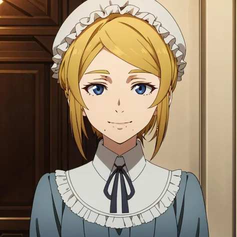 masterpiece,highres,high quality,extremely detailed,solo,
<lora:Tereza001:0.7>,smile,
Tereza,1maturefemale,
blue eyes,mole under mouth,
maid,
mob cap,
ribbon,dress,frilled shirt collar,