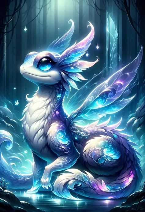 <lora:PonySpiritAnimals:1> Spirit animal, score_9, score_8_up, score_7_up, score_6_up, score_5_up, score_4_up, hyper detailed, fantasy landscape, dreamlike, fog, vivid colors, fantasy pokemon \(creature\),  macro photo, a beautiful translucent glass dragon frog that glows within, glowing lights, beautiful waterfall , made out of multicolored transparent delicate glass, magical sparkles,vibrant whimsical color