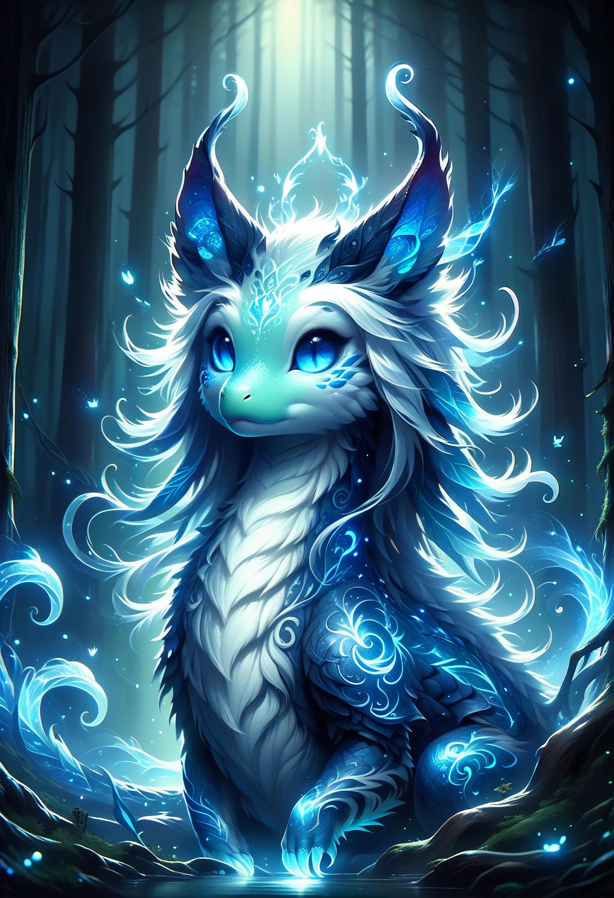 A very cute little blue and white dragon with long hair - SeaArt AI