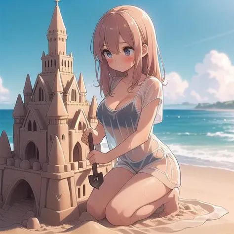 masterpiece, best quality,ultra detail,girl,seaside,world landmark sand sculpture, <lora:girllikesandsculpture:0.7>bikini,kneeling,head down looking down,cleavage,blush,holding a shovel,wet,see-through t-shirt,large breasts,sand castle
