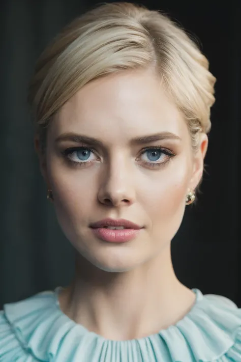photoshoot of swg, (blonde hair), (pixie cut), , detailed skin texture, (blush:0.2), (goosebumps:0.3), (light blue dress), subsurface scattering, Photorealistic, Hyperrealistic, Hyperdetailed, analog style, hip cocked, demure, detailed skin, matte skin, soft lighting, subsurface scattering, realistic, heavy shadow, masterpiece, best quality, ultra realistic, 8k, golden ratio, Intricate, High Detail, film photography, soft focus, <lyco:SamaraWeaving-RealVision-V1.0:1.0>