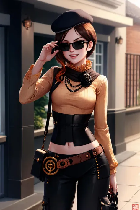 (masterpiece, best quality:1.2), cowboy shot, solo, 1girl, coco adel, grin, looking at viewer, hand on hip, beret, sunglasses, orange sweater, corset, black gloves, pants, jewelry, belt, bandolier <lora:rwby_cocoadel-10:1>