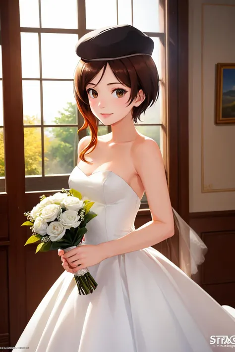 (masterpiece, best quality:1.2), solo, 1girl, coco adel, smile, looking at viewer, holding bouquet, beret, wedding dress, strapless, indoors <lora:rwby_cocoadel-10:1>
