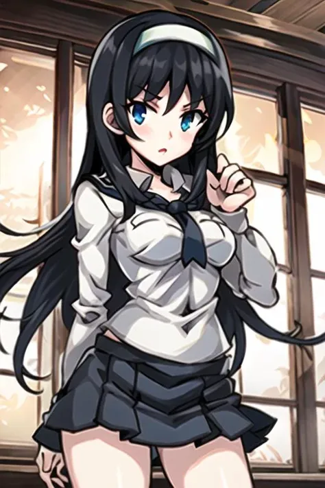 sgstyle, masterpiece, best quality, 1girl, solo, tohno akiha, black hair, long hair, white shirt, black skirt, blue eyes, (serafuku, school uniform), hairband, <lora:skullgirls:0.7> <lora:tohno_akiha:0.8>