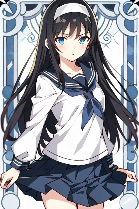 tarot, masterpiece, best quality, 1girl, solo, tohno akiha, black hair, long hair, white shirt, blue skirt, blue eyes, (serafuku, school uniform), hairband, <lora:animeTarotCard:0.8> <lora:tohno_akiha:0.8>