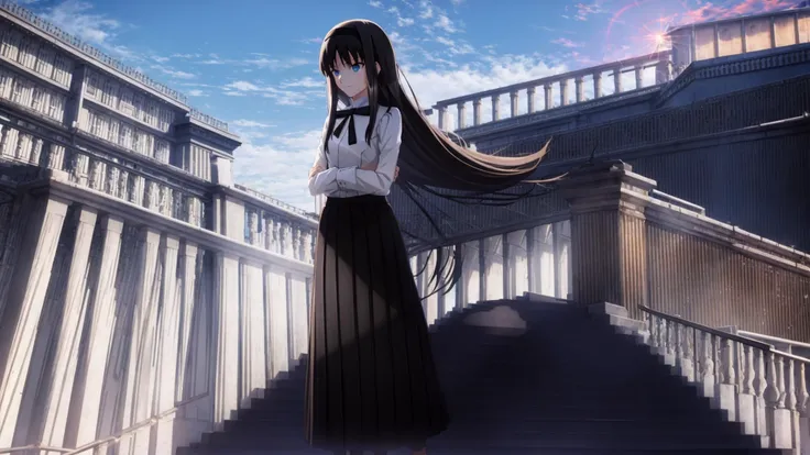 tohno akiha, ((1girl)), :d, arms at sides, bangs, black hair, black hairband, black ribbon, black skirt, bloom, blue eyes, breasts, building, clenched hand, cloud, diffraction spikes, gradient hair, hairband, house, lens flare, long hair, long skirt, long sleeves, looking at viewer, mansion, neck ribbon, outdoors, pleated skirt, shirt, skirt,  small breasts,  (((solo))), standing, sunset, white shirt, wind , ((masterpiece)),  <lora:ufotable_lycoris_v4:0.8> <lora:akiha-10:1>whole body, looking at viewers, focus on the girl,  crossed arms, light smile,