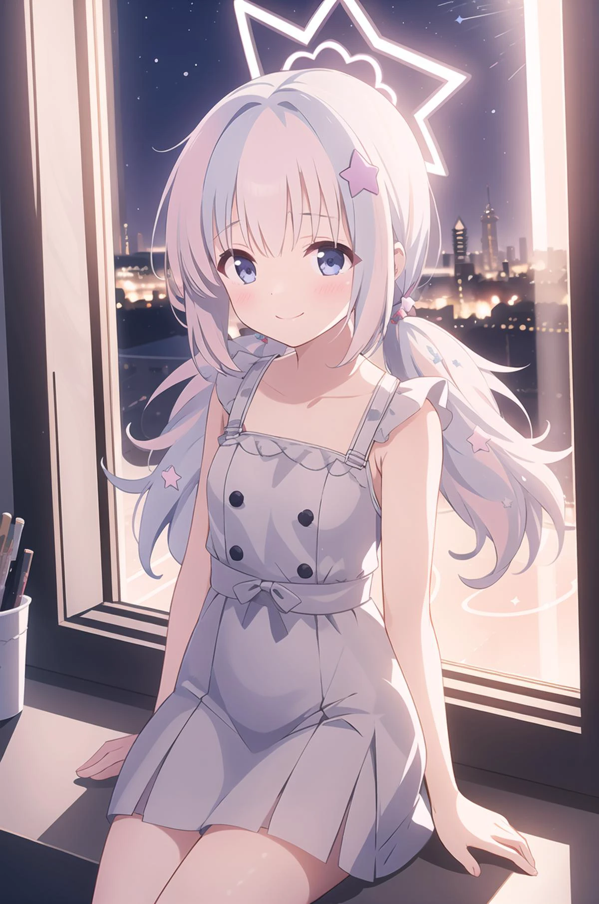masterpiece, best quality, dutch angle,, bangs, blush, smile, starry sky, night, <lora:reisa-v20231007:1> , star hair ornament, star \(symbol\), low twintails, halo, bangs, long hair,starry sky, night, big window, sitting on windowsill, frills, dress, casual,