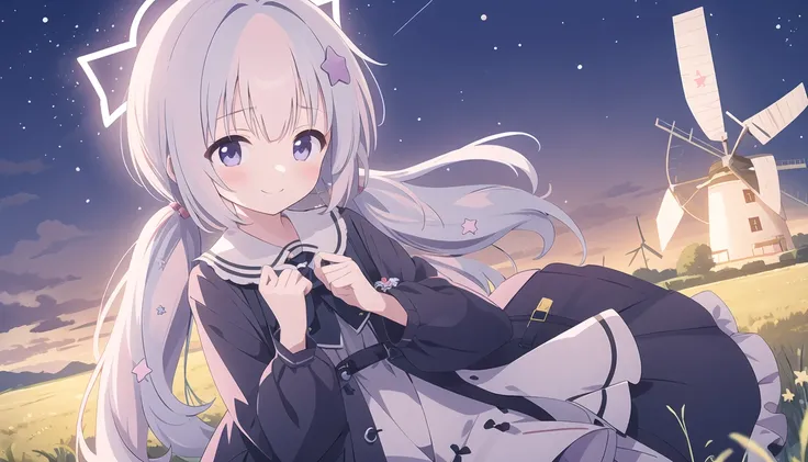 masterpiece, best quality, little girl, bangs, blush, smile, starry sky, night, field, dress, frills,windmill, <lora:reisa-v20231007:1> , star hair ornament, star \(symbol\), low twintails, halo, bangs, long hair