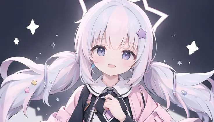masterpiece, best quality, <lora:reisa-v20231007:1> , 1girl, solo, star hair ornament, star \(symbol\), low twintails, halo, bangs, long hair, white background, blush, smile, hand up, sparkle,
