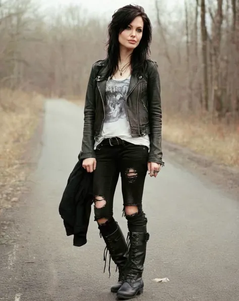 Whimsical Photography, (ohwx woman:1.0),Grunge Rocker: Ripped jeans, band tee, leather jacket, and combat boots., <lora:jolie_lora_sdxl_v1:1>