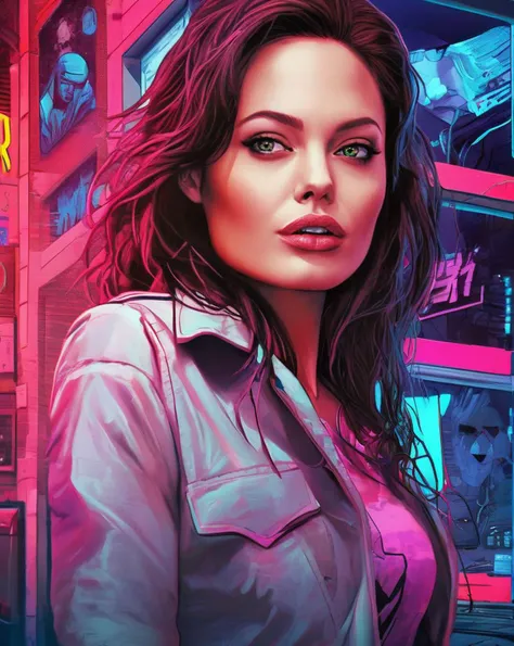 Infrared Photography, comic book cover with  (ohwx woman:1.0),anime style, key visual, vibrant, studio anime, highly detailed, digital artwork, illustrative, painterly, matte painting, highly detailed, cinematic composition, Hotline Miami,videogame, neon, cyberpunk, <lora:jolie_lora_sdxl_v1:1>