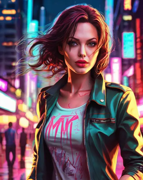 Tilt-Shift Photography, comic book cover with  (ohwx woman:1.0),anime style, key visual, vibrant, studio anime, highly detailed, Hotline Miami style, neon,  <lora:jolie_lora_sdxl_v1:1>