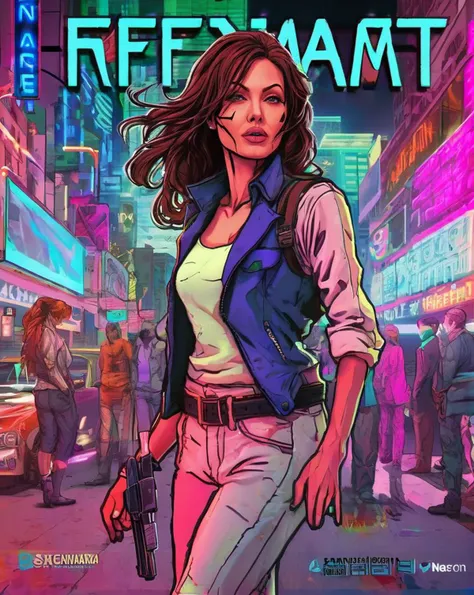 Whimsical Photography, comic book cover with (ohwx woman:1.0),anime style, key visual, vibrant, studio anime, highly detailed, Hotline Miami style, neon, <lora:jolie_lora_sdxl_v1:1>
